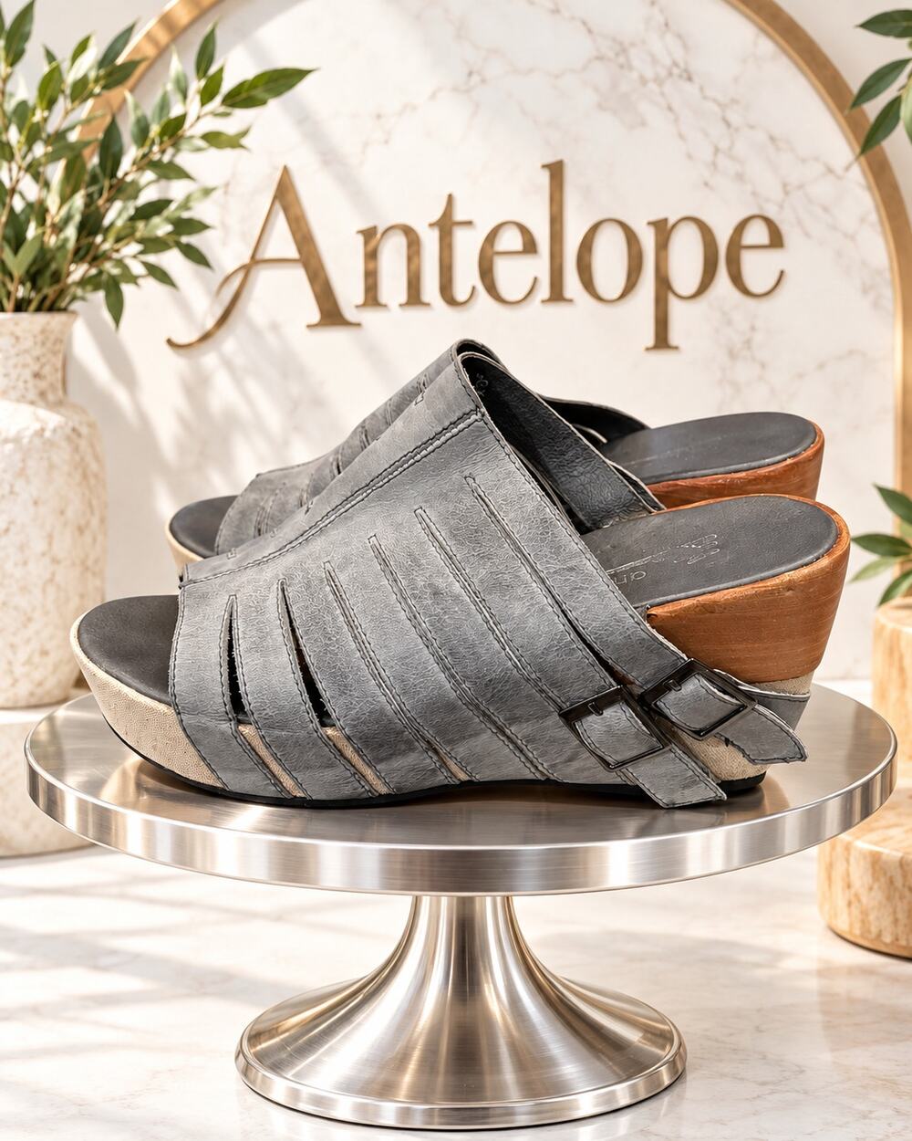 Antelope Gray Leather Cutout Wedge Mule Sandals Women’s 7 EU 38